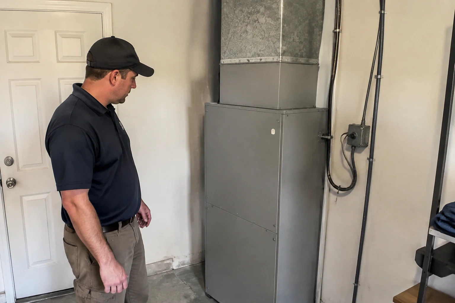 Technician looking at a closed air-handler cabinet beneath metal ductwork.