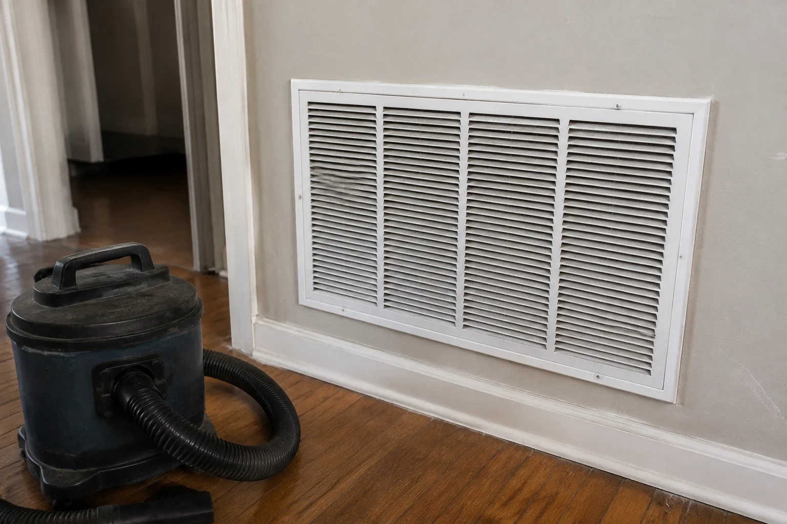 Wall return grille beside a compact utility vacuum with its hose resting on the floor.