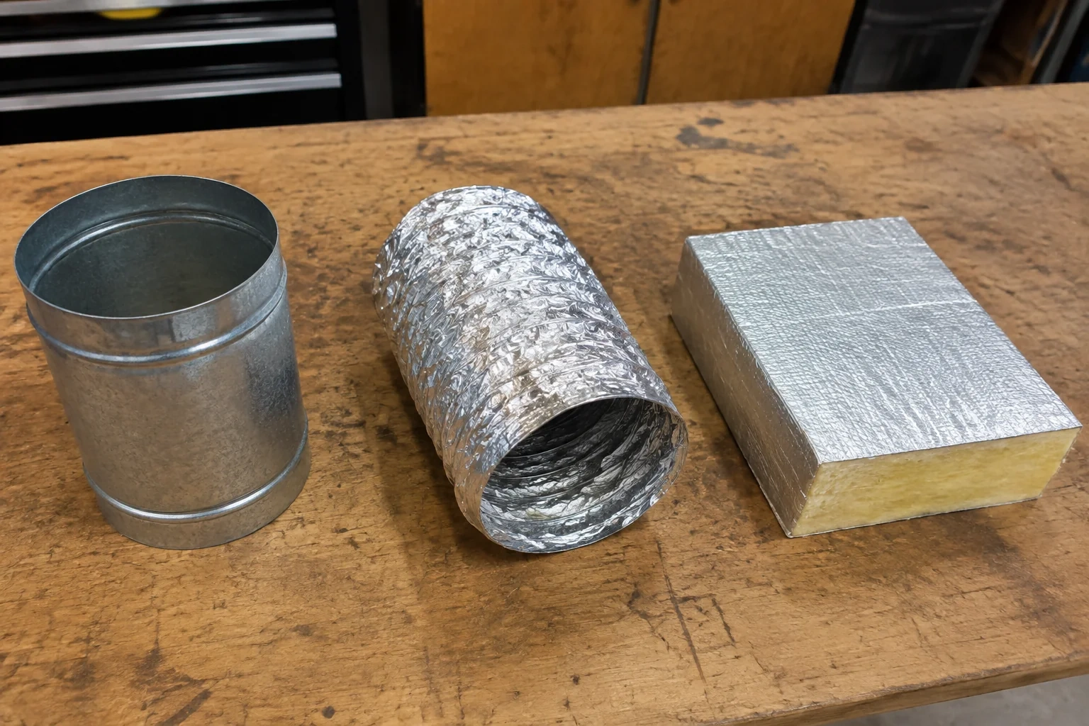 Rigid metal duct, flexible duct and a foil-faced fibrous panel sample on a bench.